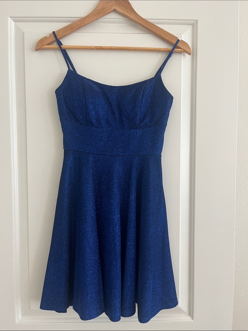 City Studio Royal Blue Sparkle Crochet Back Spaghetti-Strap Mini Swing Dress